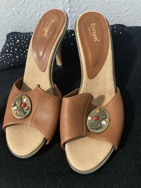 Vero Cuoio Brown Leather Slide Mules with Decorative Medallions